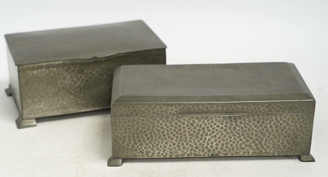 Two pewter cigarette boxes including a Liberty Tudric hammered form, largest 17.5cm wide. Condition - good